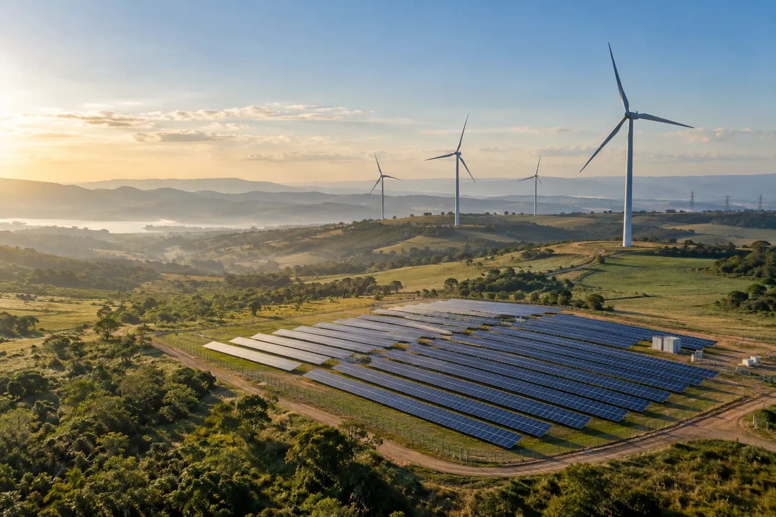 Painéis solares e aerogeradores distribuídos por uma paisagem rural ao amanhecer.