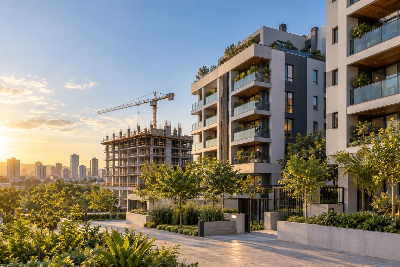 Edifícios contemporâneos e área urbana com um empreendimento em construção ao fundo.