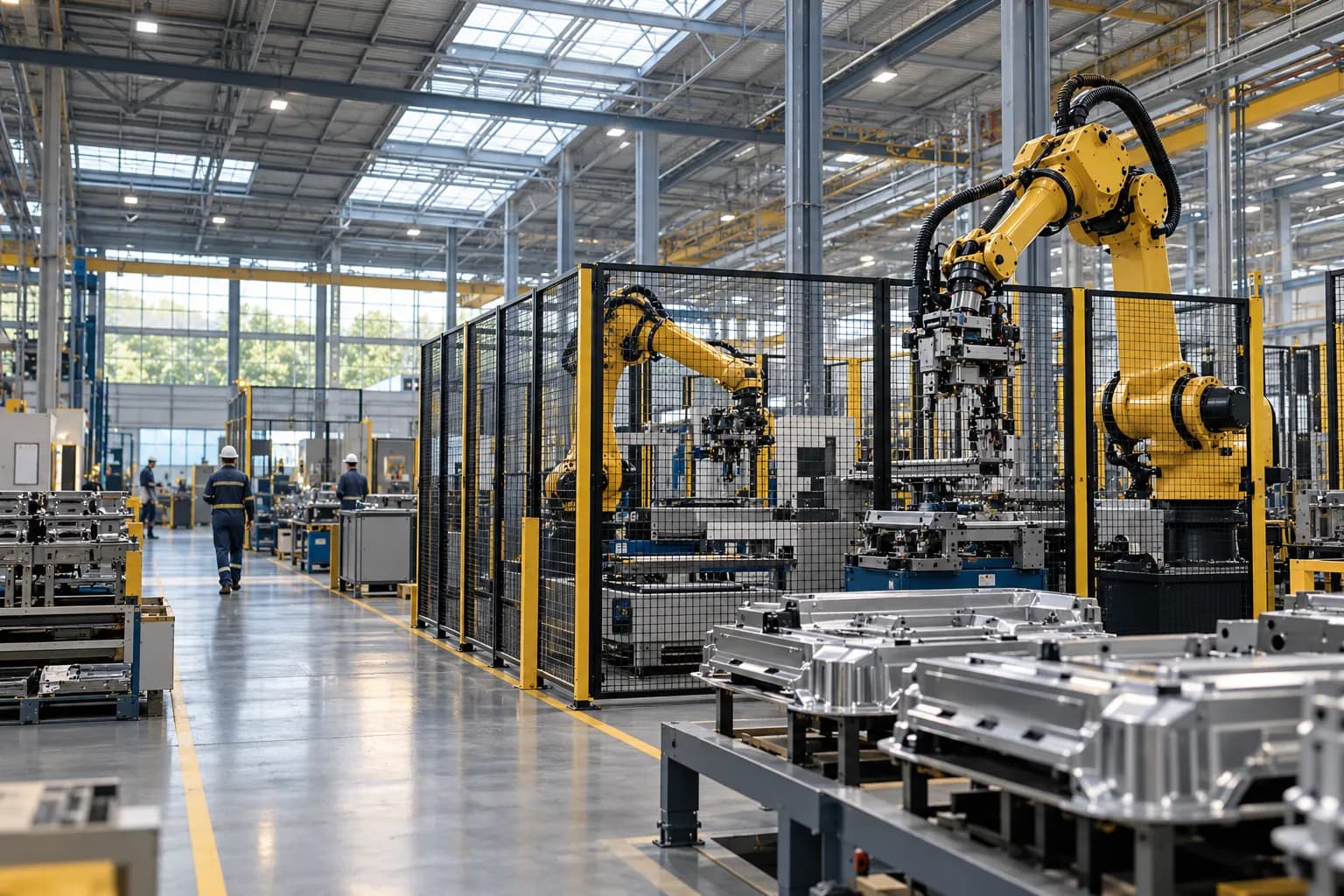 Estrutura de uma unidade industrial com área de produção e circulação de profissionais.